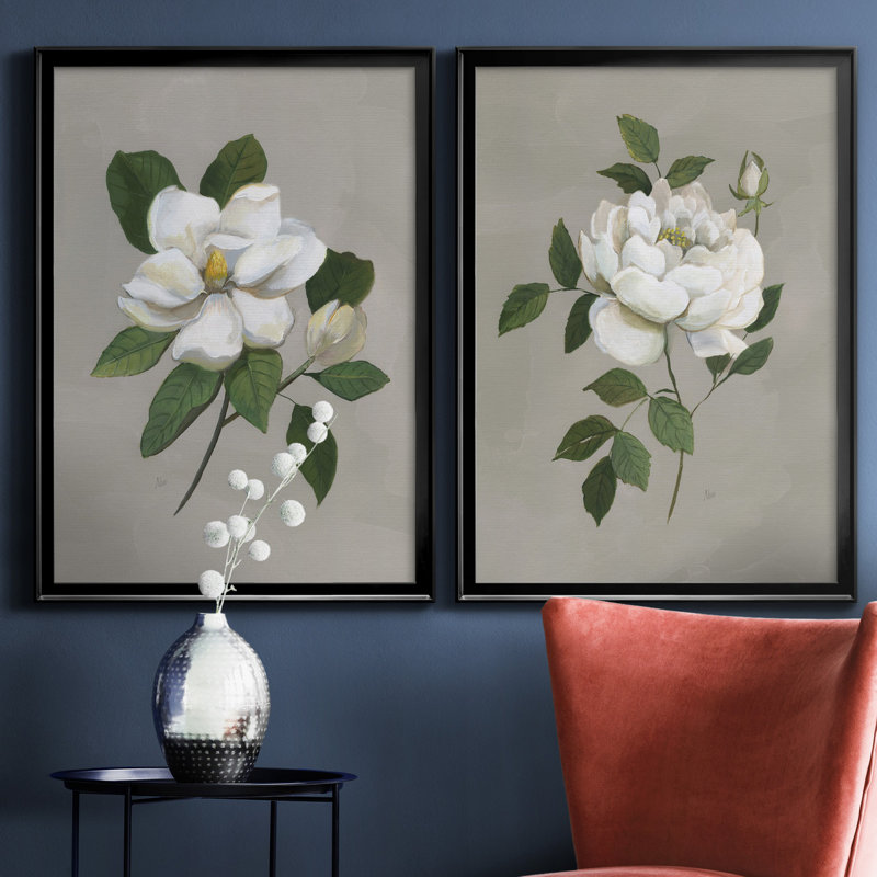 Magnolia botanique - ensemble de 2 reproductions d'art, Pas de tapis, Toile avec cadre noir, H 30,5 po x l 42,5 po x P 3 po