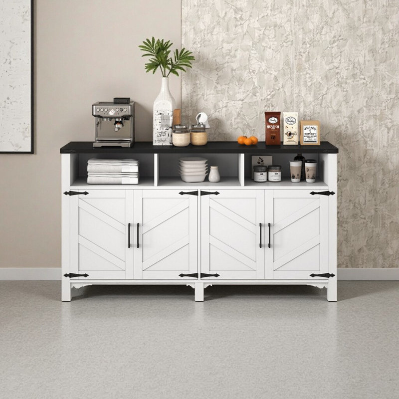 59" Modern Farmhouse Buffet Cabinet with USB Charging Ports & Power Outlets, Adjustable Shelves, Open & Closed Storage for Living Room, Entryway, Dining - White & Black