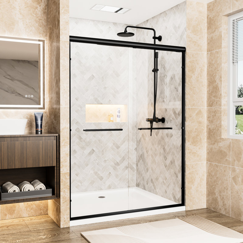 Matte Black Aluminum Frame Double Sliding Shower Door 72" H, 54" W, 1/4" (6mm) Clear Tempered Glass With -proof Film, Dual Stainless Steel Handles, Adjustable Width For Bathroom High Wide Featuring