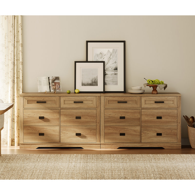 Commode à 12 tiroirs Glenford Farmhouse, commode large en bois avec poignées en métal,, Chêne rétro