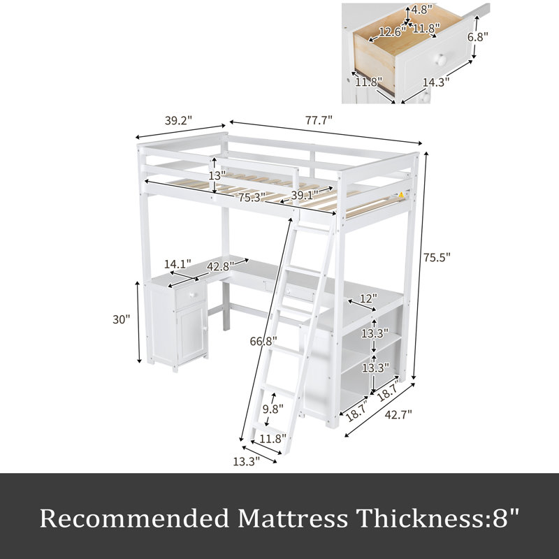 Lit mezzanine avec tiroirs Jetmir Kids, Blanc, Simple
