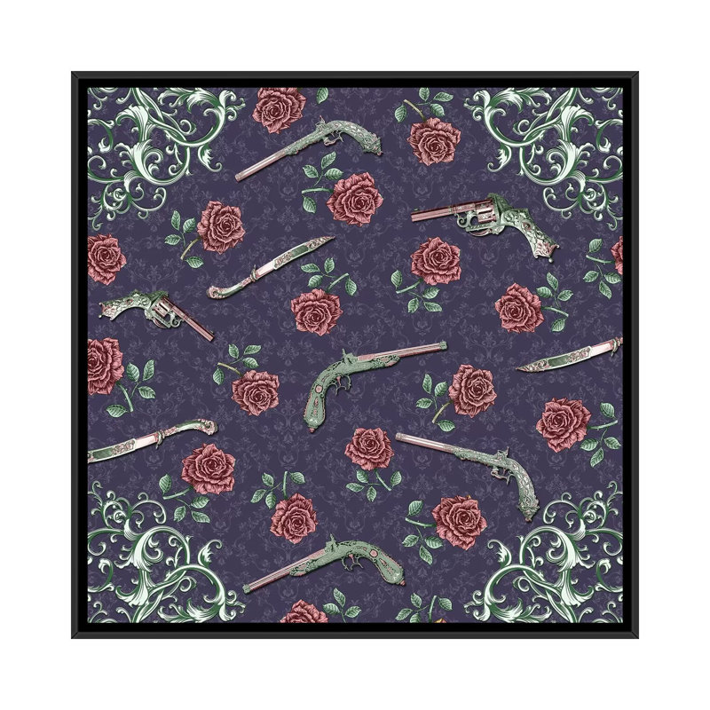 «Elegant Guns And Roses», impression sur toile, H 37 po x l 37 po x P 1,5 po, Toile encadrée noire, Pas de tapis
