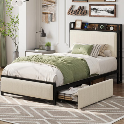 Twin Size Platform Bed Frame with Storage & Charging Station - Rustic Linen Fabric, Sturdy, No Box Spring Needed