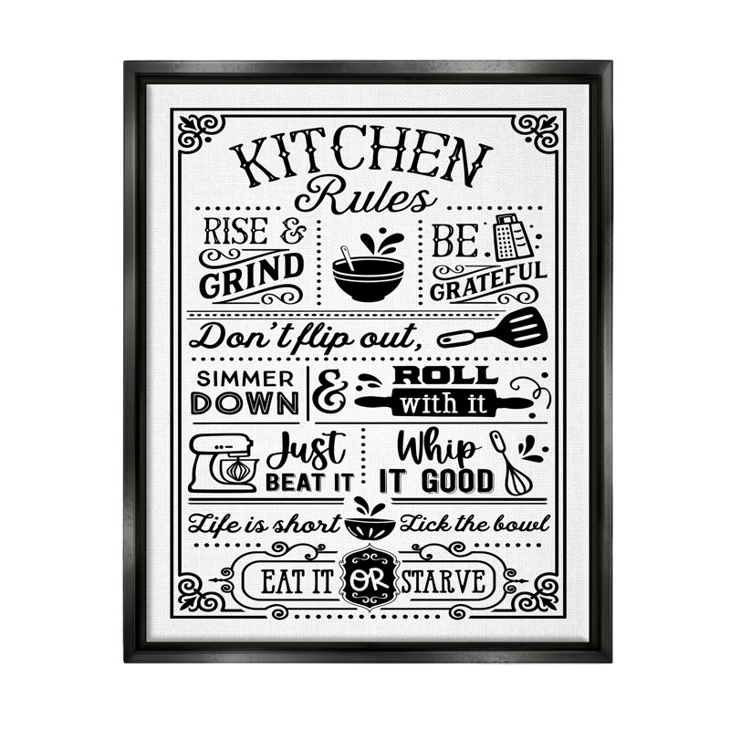 " Witty Kitchen Rules " by Lettered And Lined, 21" H x 17" W x 1.7" D, Jet Black Floater Frame