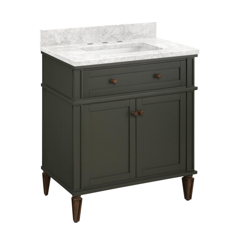 30" Dark Olive Green Mahogany Vanity with Carrara Marble Top
