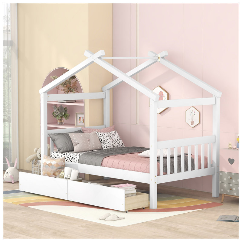 Lit en bois avec tiroirs, Blanc