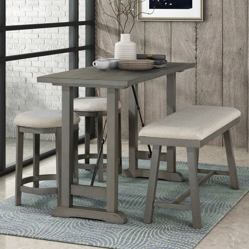 Chotu 4PC Counter Height Dining Set Counter Height Table with Bench 2x Stools Foam Cushioned Seats