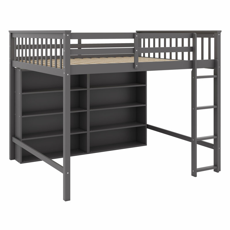 Lit mezzanine avec tablettes de rangement ouvertes, Gris antique
