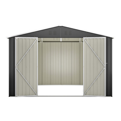 Outdoor 10X10 Ft Black Metal Utility Shed, Updated Heavy - Duty Frame, Lockable Double Doors, All Weather For Backyard Tools, Galvanized Steel With Waterproof And Ventilation Openings Large Storage
