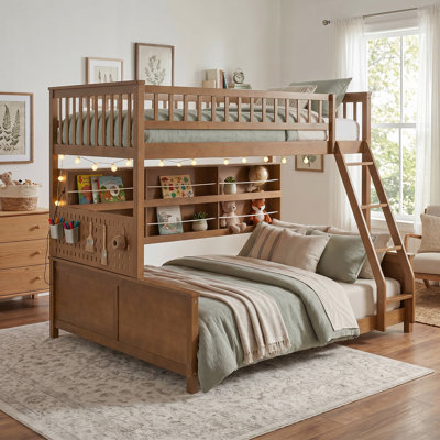 Twin XL Over Queen Bunk Bedintegrated Shelving｜Multi-Color Adjustable Ambient Light Strip｜Full Safety Upper Bunk Protection｜Premium Solid Wood Stable Frame