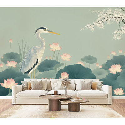 Papier peint adhésif autocollant Graceful Heron Serene Lotus Pond, couleurs pastel douces H 69 po x l 96 po, papier peint amovible en PVC, autocollant pour chambre à coucher, salon, chambre de bébé