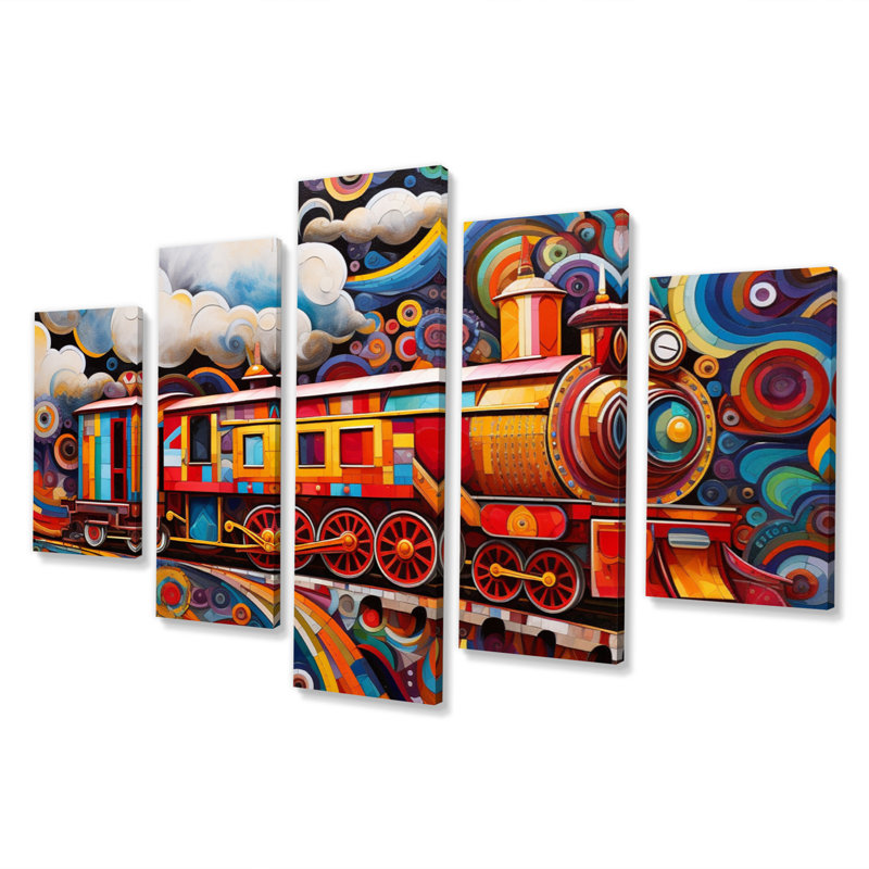 «Abstract Train Whimsical Journey III» - Impression sur toile transport - 5 panneaux