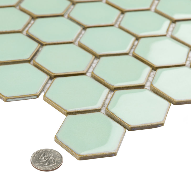 Hudson Due 2" Hex 10-7/8 " x 12-5/8 " Porcelain Mosaic Floor and Wall Tile, Light Green