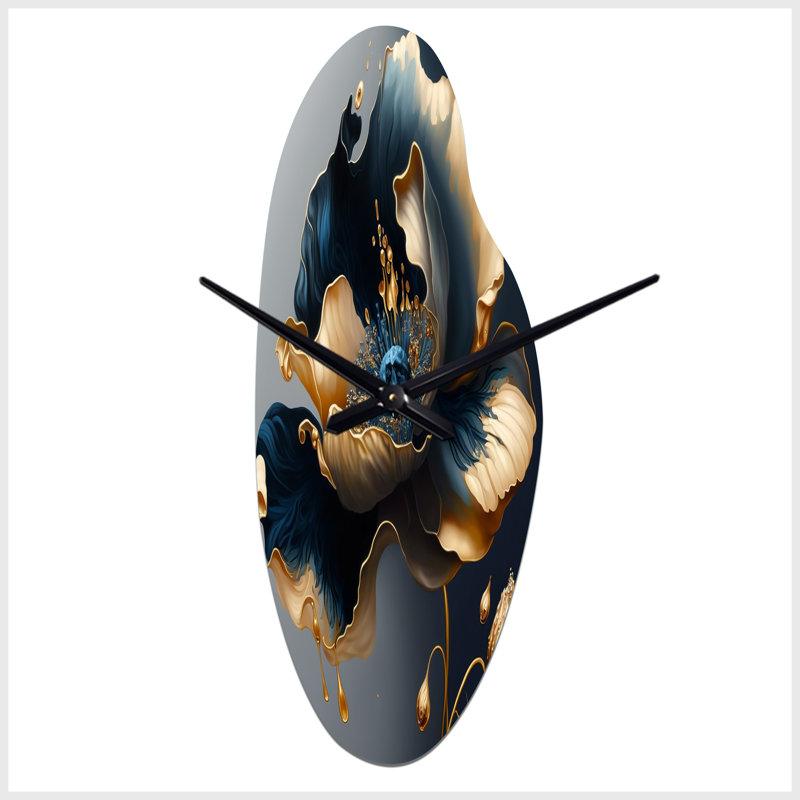 Horloge murale incurvée asymétrique traditionnelle - Fleur bleue profonde et or simple II, Médium