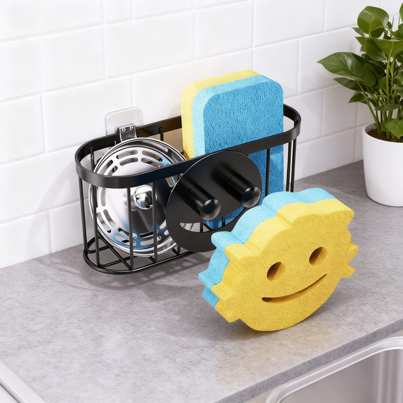 Porte-éponge Smiley Face pour évier de cuisine, organisateur de chariot d'évier en acier inoxydable avec ventouses amovibles et bandes adhésives, conception à drainage rapide pour éponge et savon