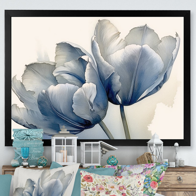 Tulipes, simplicité, saphir sur toile, Cadre simple noir, H 16 po x l 32 po x P 1 po