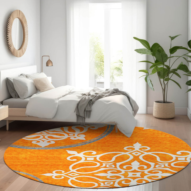 Premium Machine Washable Prisco Orange Rug, Round 8'