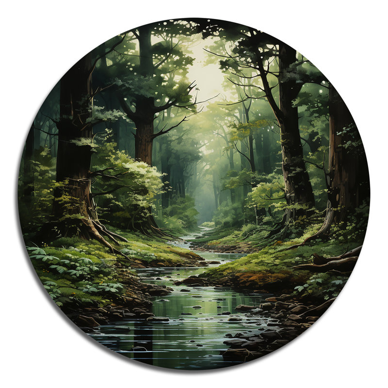 «River Into Enchanted Woods I» - art mural rond en métal, H 23 po x l 23 po