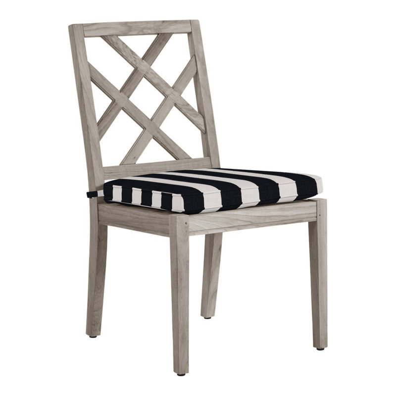Haley Patio Dining Side Chair with Cushions, Oyster Teak, Cabana Stripe Midnight, Welt