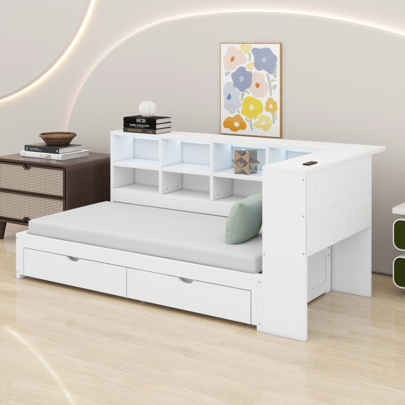 Structure de lit de jour avec tiroirs de rangement, tablette, éclairage à DEL et ports de chargement USB, Blanc