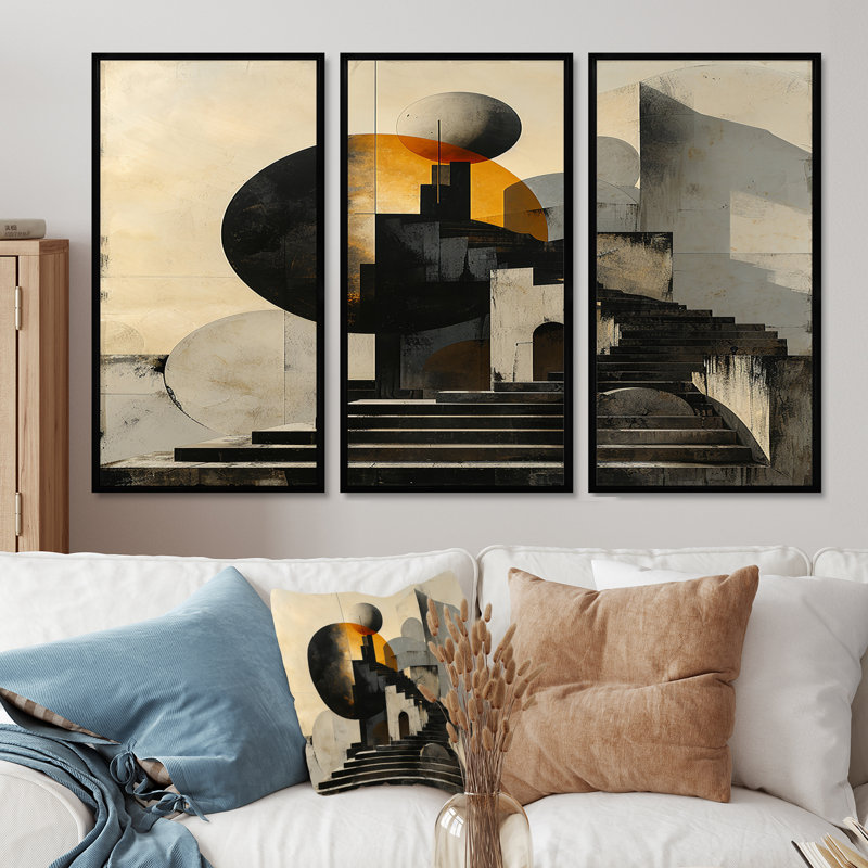 Escaliers cachés vers Nevermore - ensemble d'art mural paysage abstrait, Cadre flottant noir, H 40 po x l 60 po x P 1 po