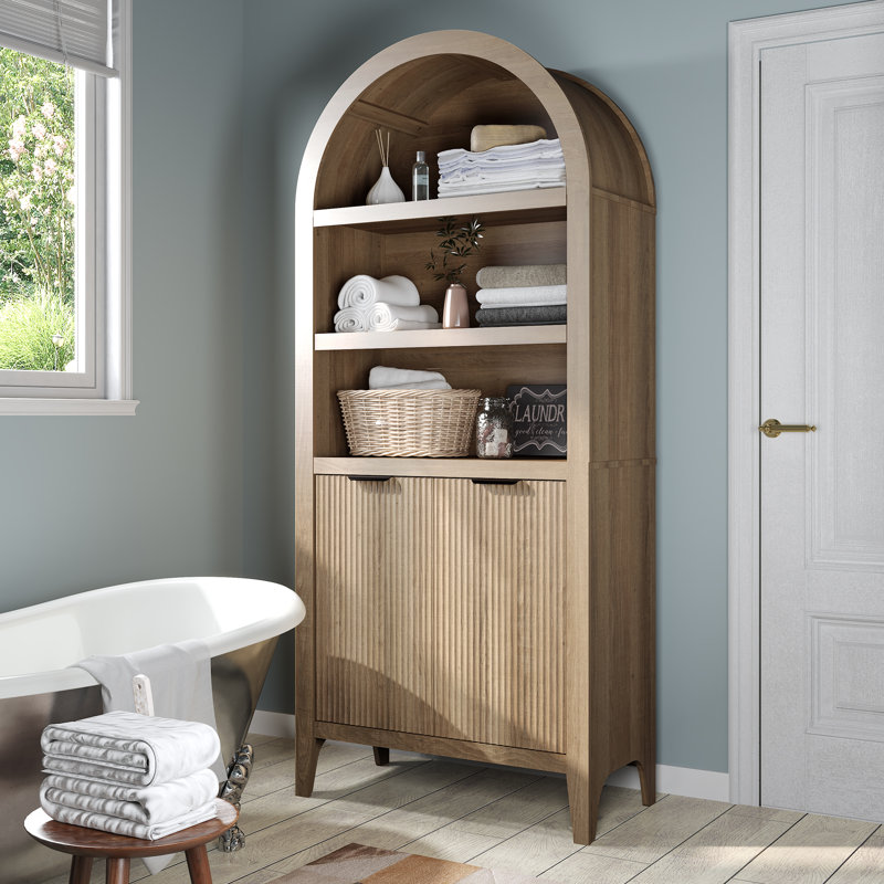 Shazier 5 Tiers 72" Arched with Fluted Doors Bookcase, Cabinet Floor Standing Bookshelf, Oak