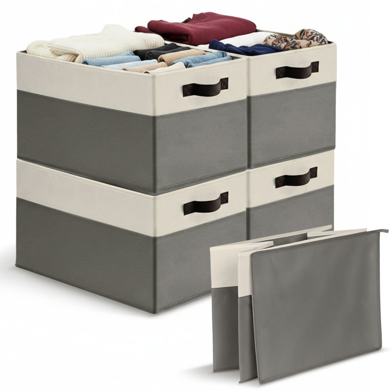  4 Pack Large Collapsible Fabric Storage Baskets with Handles for Closet and Shelves, Grey, Grey
