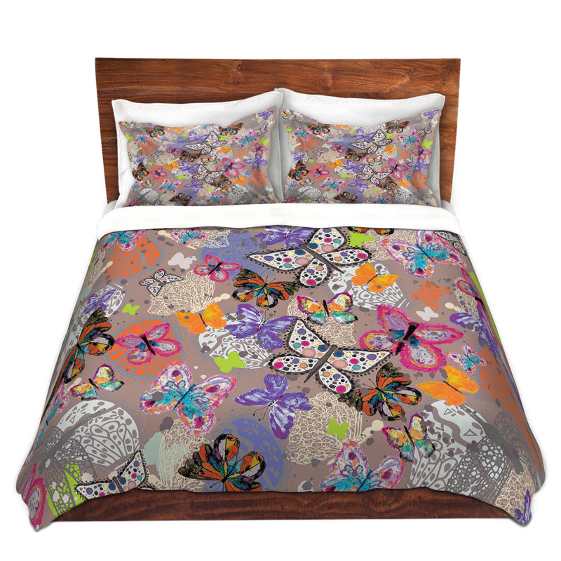 Ensemble de housse de couette papillons, 1 housse de couette grand + 2 taies standards, Noir / Gris