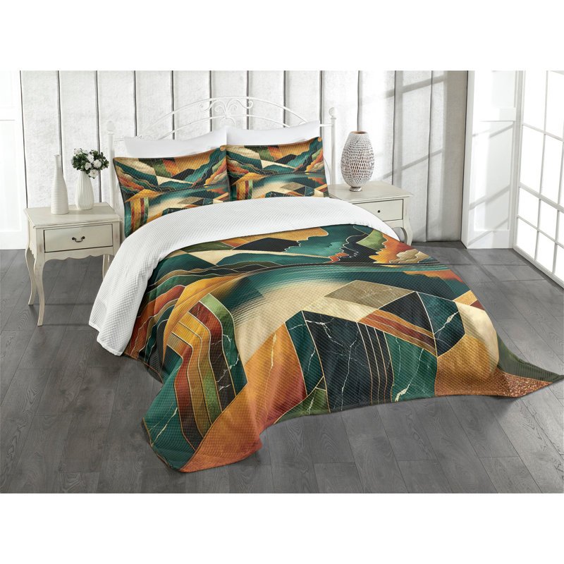 King Size Blue and Ginger Abstract Microfiber Bedspread Set
