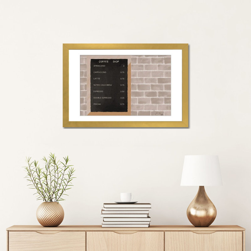 Café menu - reproduction d'art murale - papier d'art encadré, 24 po x 16 po, Papier encadré, Doré