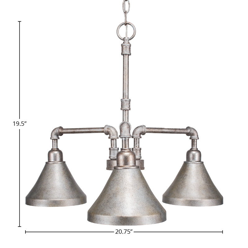 Eilif Vintage 3 Light Downlight Chandelier With Cone Metal Shades, Aged Silver, 19.5" H x 20.75" W x 20.75" D
