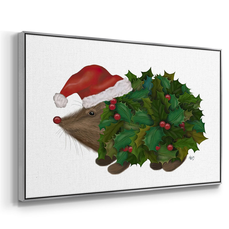 Hérisson de Noël encadré sur toile, H 17 po x l 25 po x P 1,5 po, Encadrement argenté
