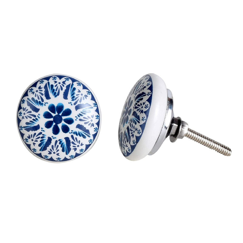 Blue and White Ceramic Round Drawer Knobs Set of 10