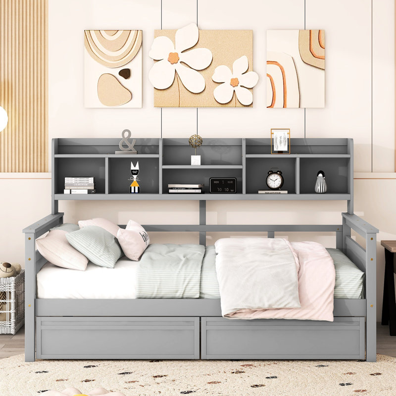 Lit de jour gris avec système de support à lattes en bois, tablette de chevet, 2 tiroirs - Polyvalent pour la décoration intérieure