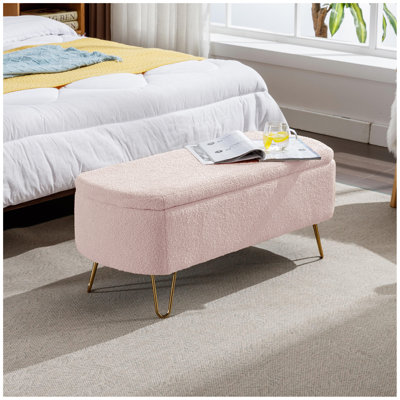 Storage Ottoman Bench for End of Bed Gold Legs, Modern Faux Fur Entryway Bench Upholstered Padded with Storage for Living Room Bedroom
