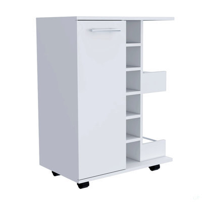 Bar Cart, Two External Shelves, Four Casters, Six Built-In Wine Rack, Single Door Cabinet -White
