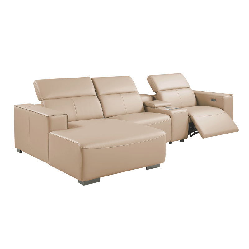 Canapé modulaire en L en cuir véritable 4 pièces beige avec 1 fauteuil inclinable électrique et appui-tête réglable