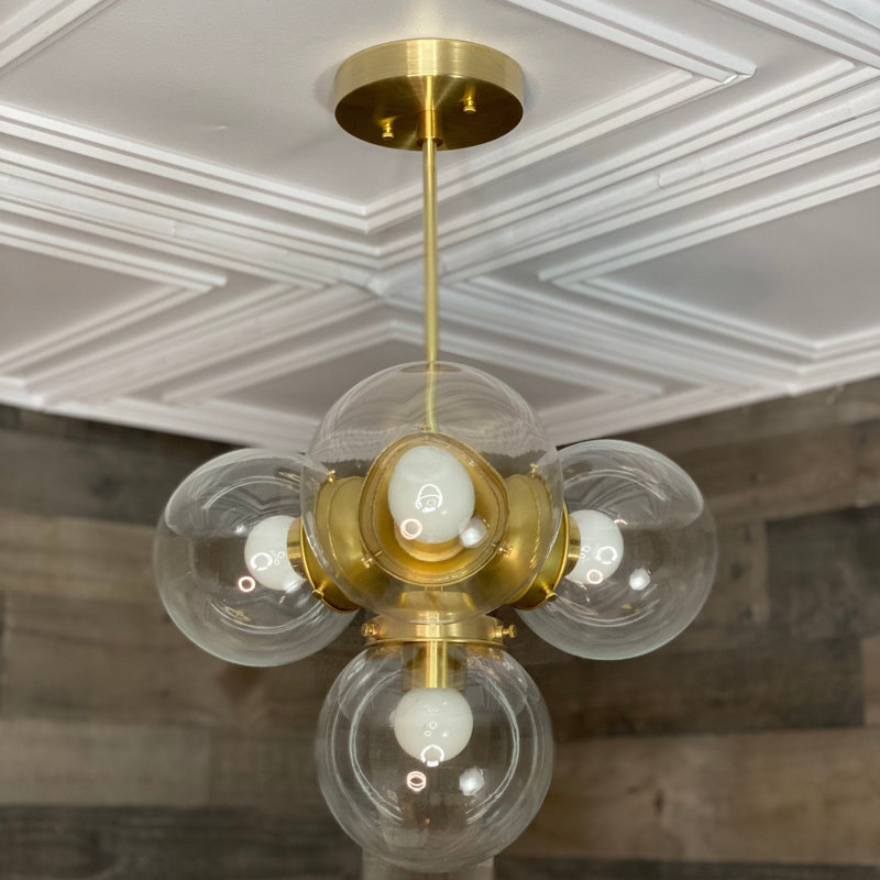 Lustre moderne 5 lumières Mid-Century, Laiton noir, Transparent