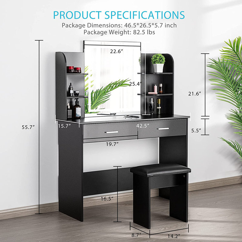 Decorian Makeup Vanity Table Set With 3-colour Dimmable Lighted Mirror, Black