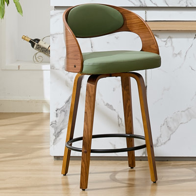 Modern Faux Leather Swivel 26'' Stool , Wood Counter Stool with Footrest