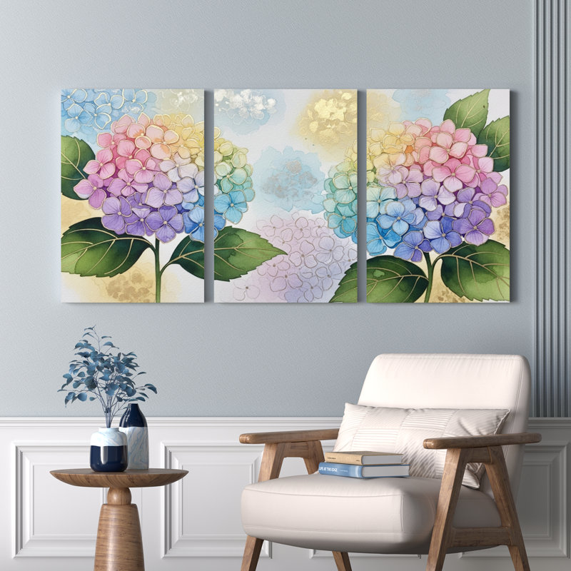 Hydrangea, impression sur toile à motif floral sur toile, ensemble de 3, H 24 po x l 48 po