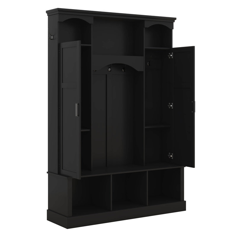 Hall Tree With Adjustable Shelves, Classic Arched Storage Bench With Dual Side Cabinets, 7 Hooks, Black