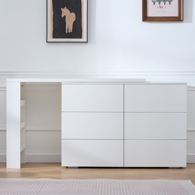6 Drawer Vanity Dresser Combo with L-Shaped Desk, Wide Desktop Extendable Dressing Table for Bedroom, White