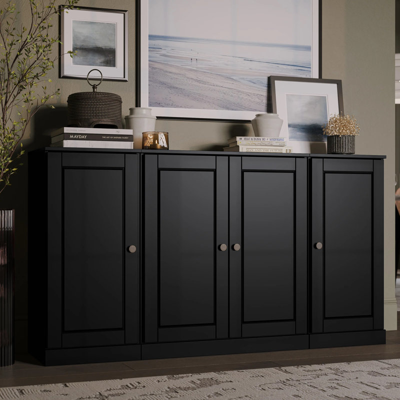 Buffet 65% en bois massif Kweku avec portes surélevées et tablettes réglables, Noir