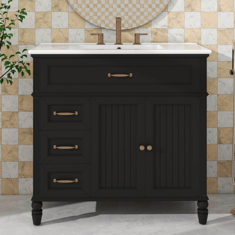 Meuble-lavabo 36 po avec lavabo - Structure solide et panneau de fibres à densité moyenne avec tiroirs, Noir