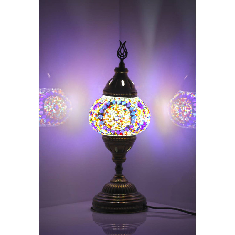 Kafthan Turkish Lamp w/ Plug-in - Mosaic Stained Glass Table Lamp, - Pavla Vintage Moroccan Lamp, Multicolor Center Circle