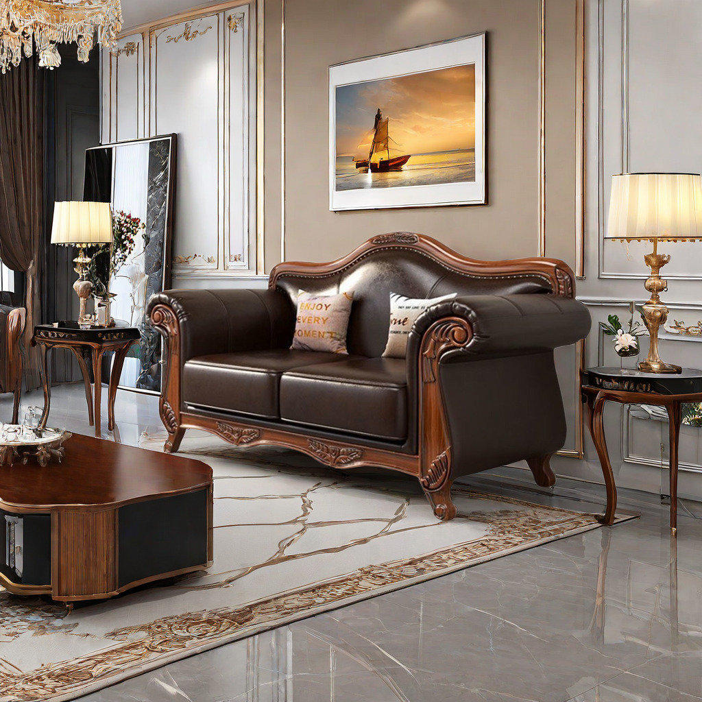Romero Europeanstyle Living Room Carved Sofa. 64'' Genuine Leather