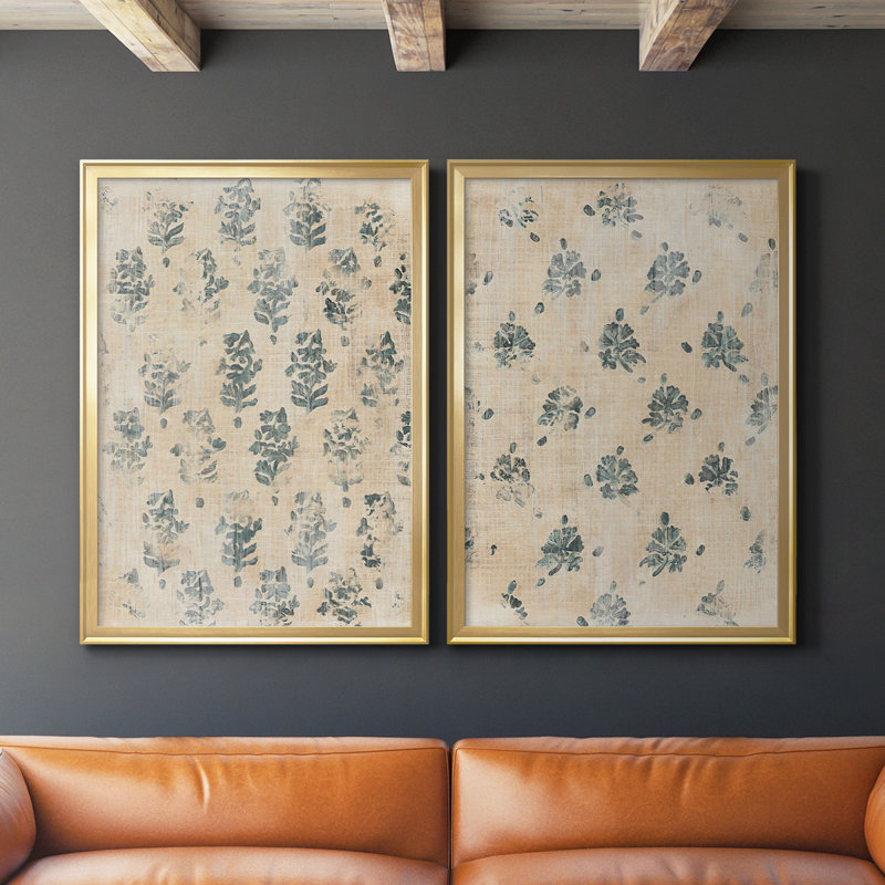 «Vintage Blockprint I», toile encadrée de qualité supérieure - prête à être accrochée, Or, H 30,5 po x l 45 po x P 2,5 po