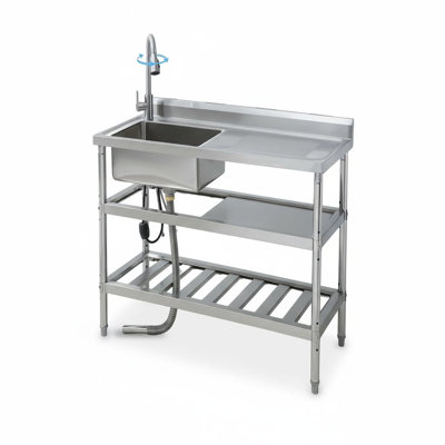 47 Inch Commercial Prep Sink – Freestanding Stainless Steel Utility Sink with Workbench, Hot & Cold Faucet & Storage Shelf – Adjustable Legs for Indoor/Outdoor Use – Restaurant & Laundry