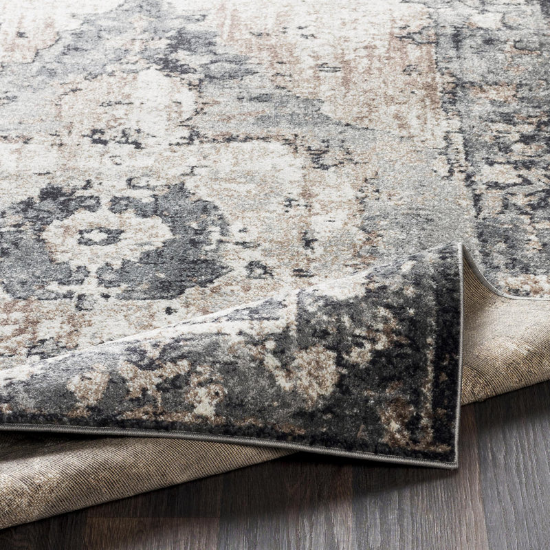 Tapis oriental gris anthracite tissé au métier mécanique Addisyn, Carré 6 pi 7 po